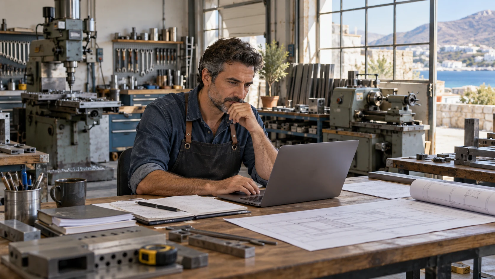 Small workshop owner reviewing an investment plan on a laptop