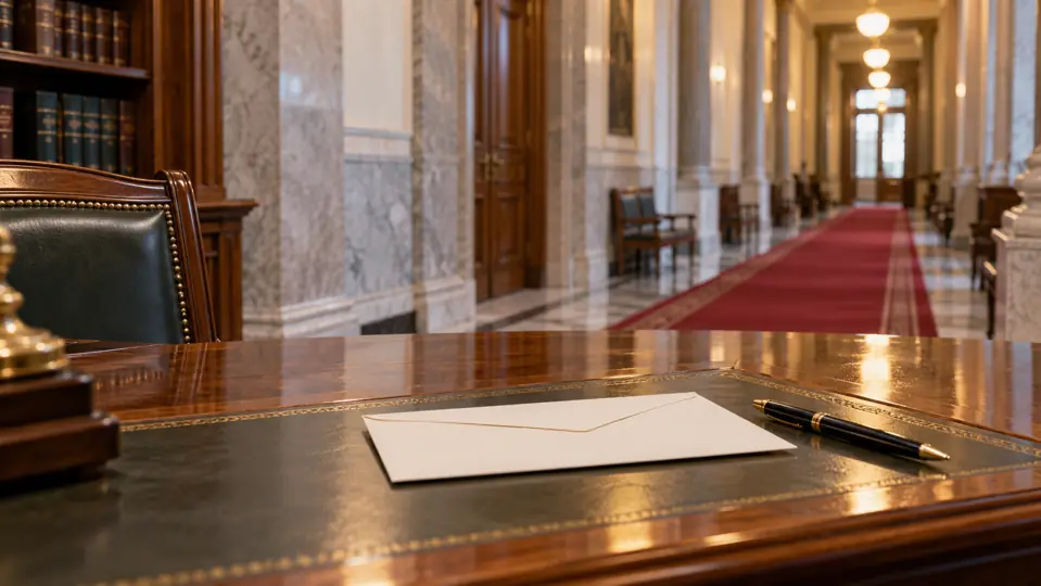 A closed white envelope and pen on a wooden desk, with an empty formal corridor behind