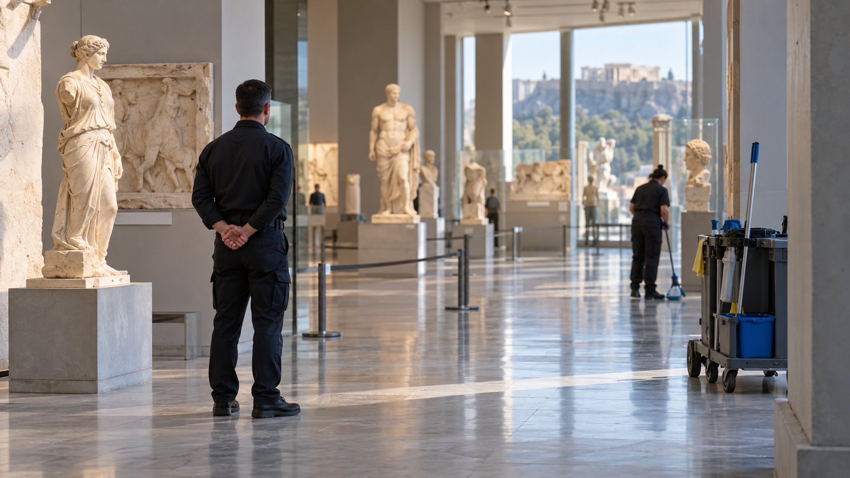 Museum attendant and cleaning equipment in an archaeological museum gallery