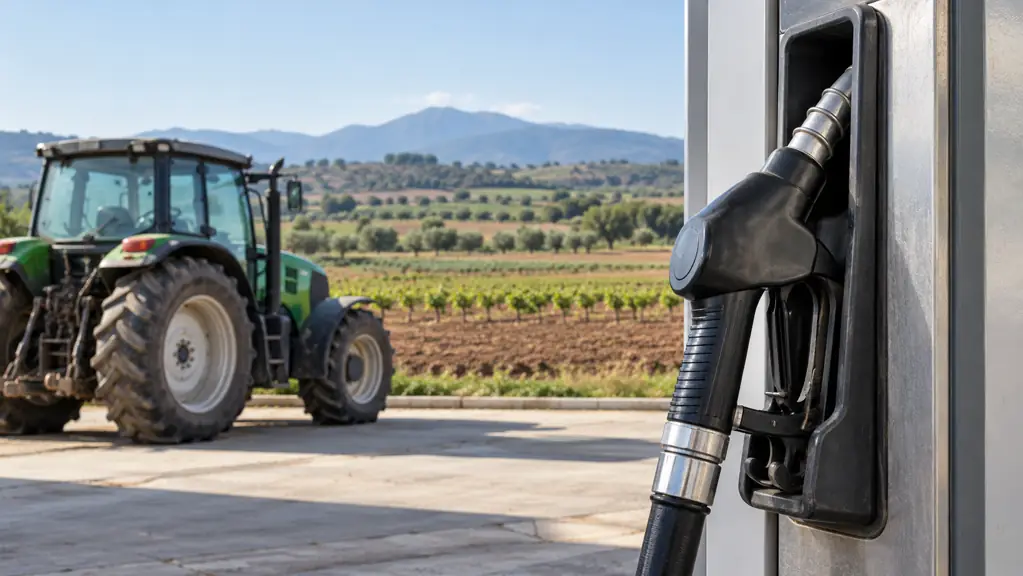 Fuel nozzle in its pump holder, with a tractor and crops in the background
