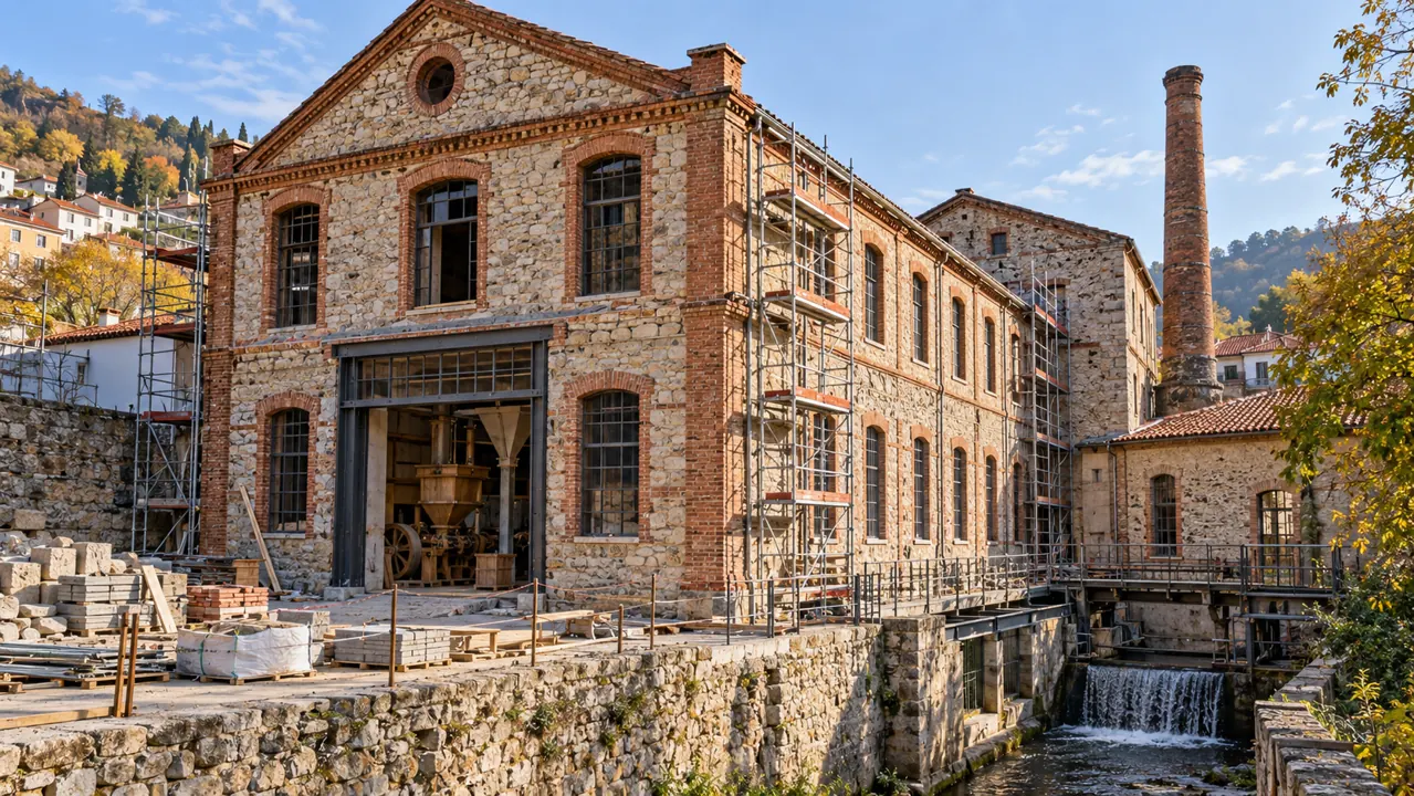 Historic stone-and-brick industrial building under restoration with scaffolding