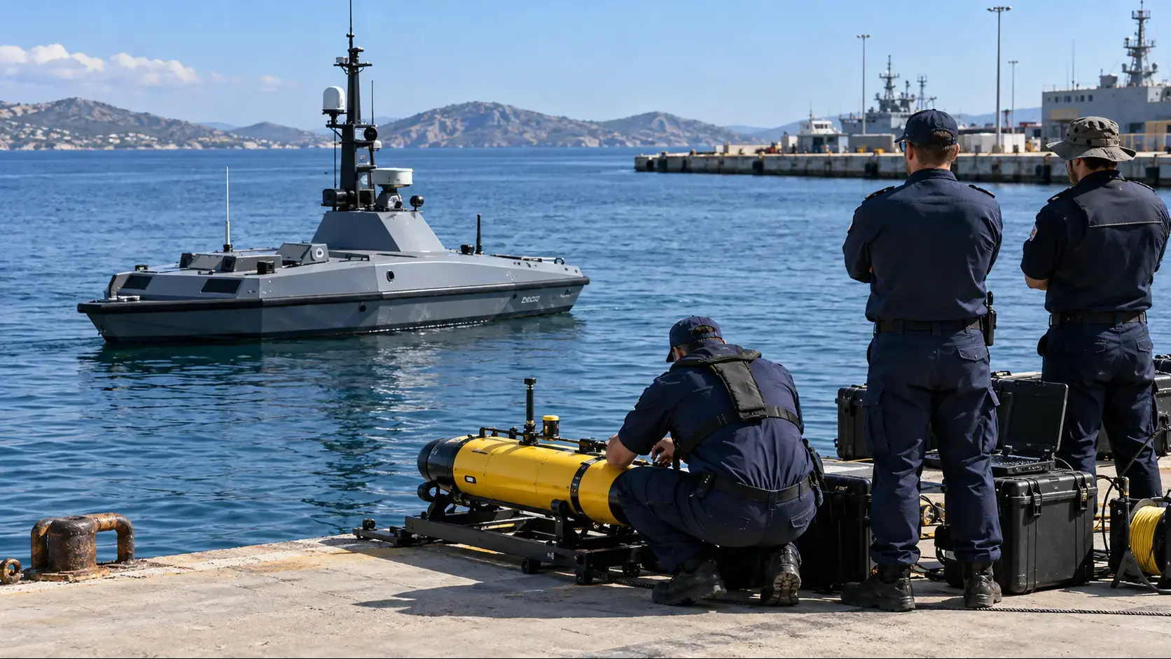 An uncrewed surface vessel and underwater vehicle during naval training