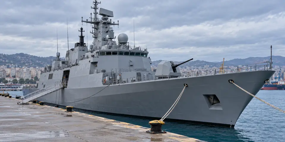 A naval vessel moored in a harbour with a gangway from the quay
