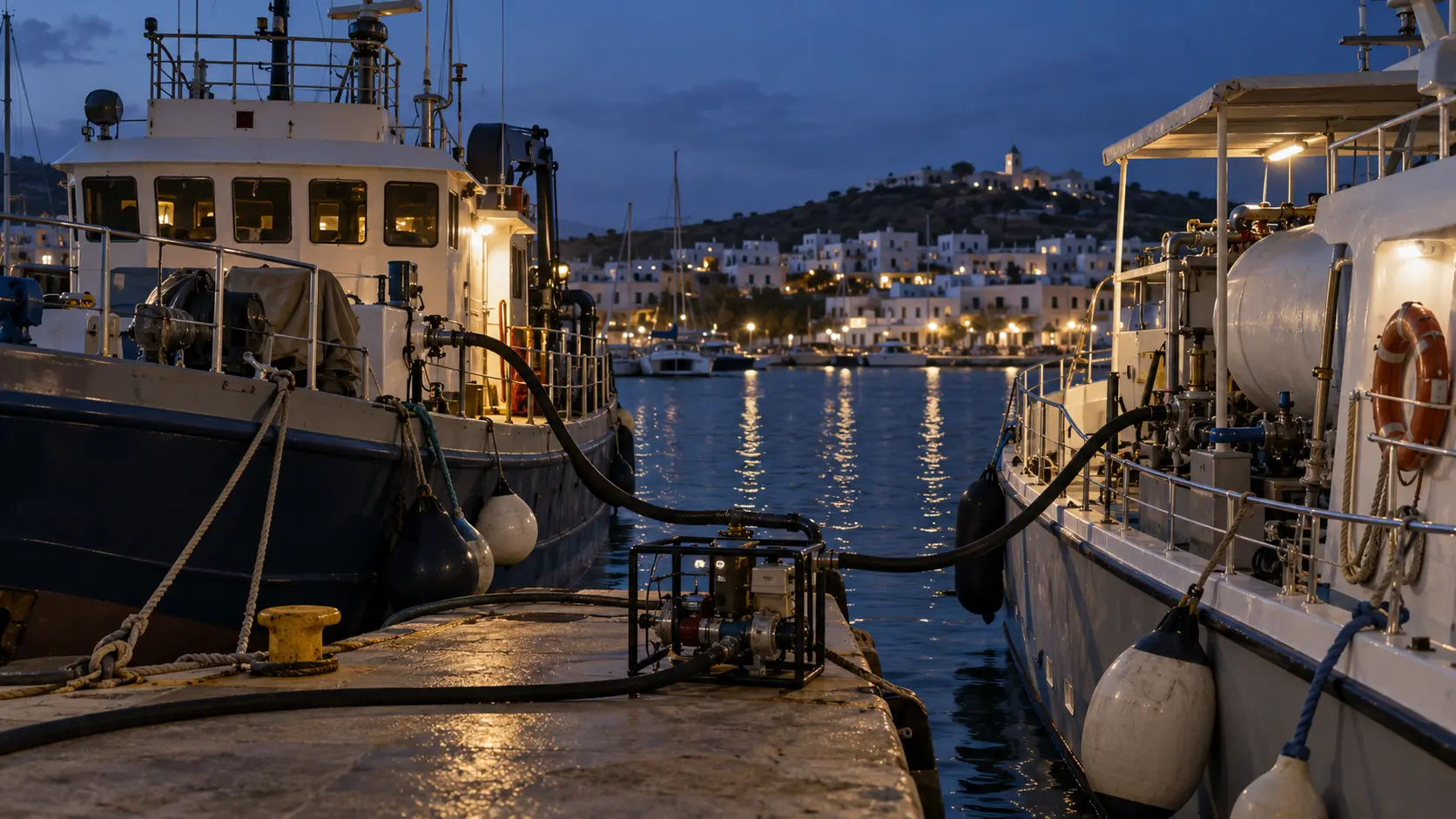 Two working vessels connected by fuel-transfer hoses at a Cycladic marina