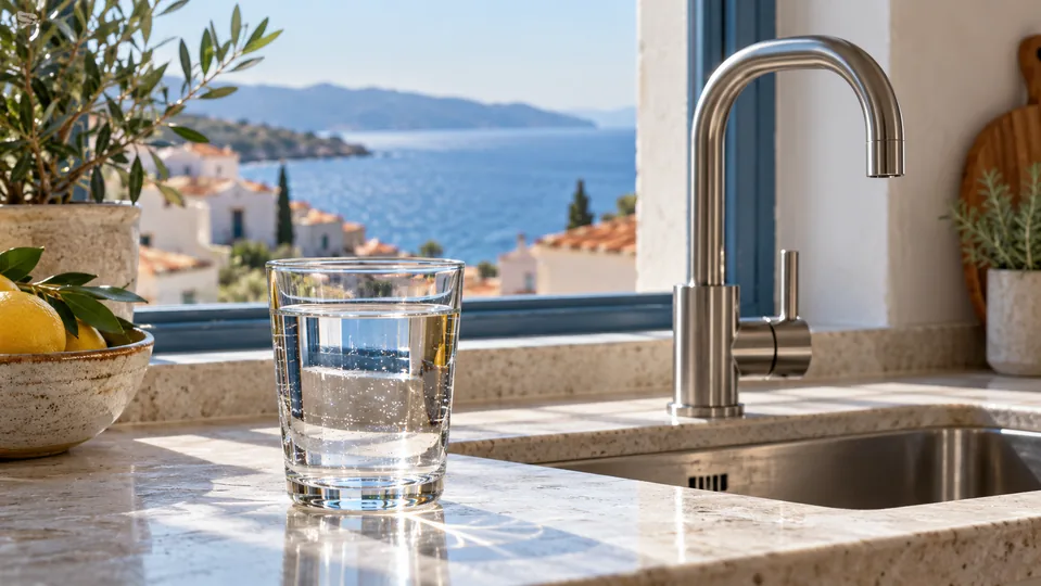 A glass of water beside a kitchen tap overlooking the sea
