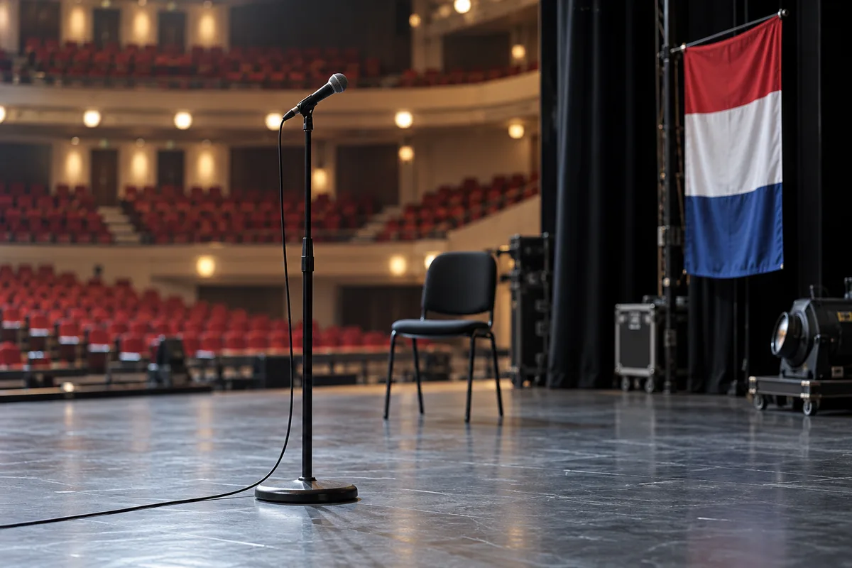 Empty rehearsal stage with a microphone, chair and Dutch flag
