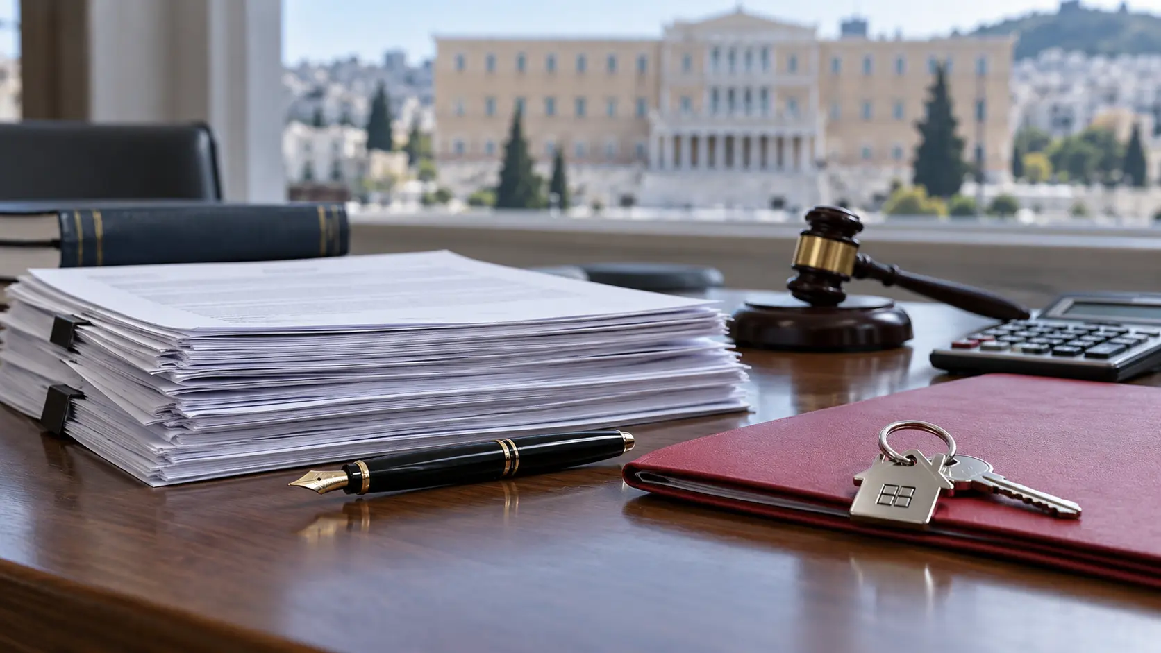 Legislative papers, fountain pen, house key and gavel with the Greek Parliament in the background