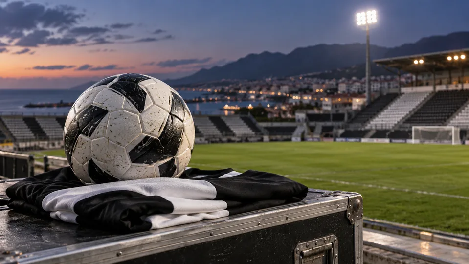 A football and black-and-white kit beside a football pitch at dusk