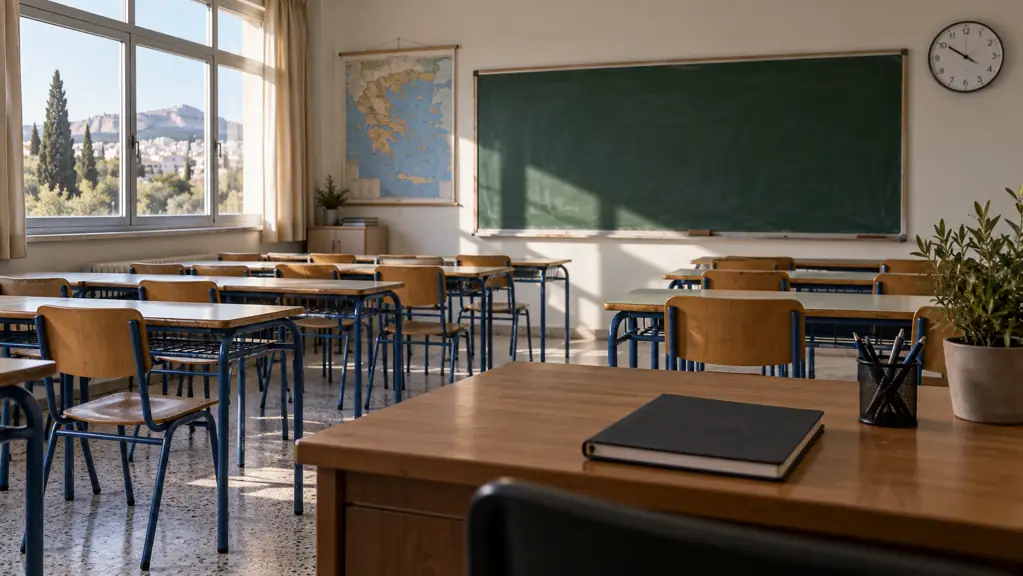 Empty classroom with desks, a closed notebook and a wall clock