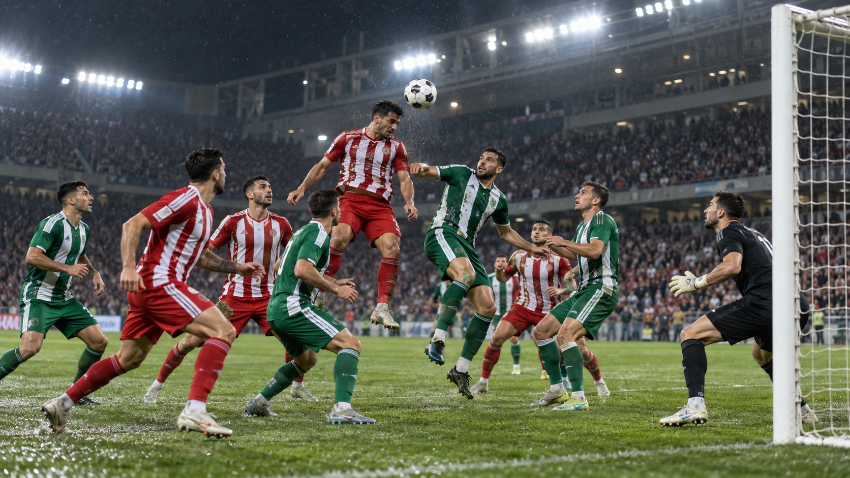 Footballers in red-and-white and green kits contesting the ball in a night match