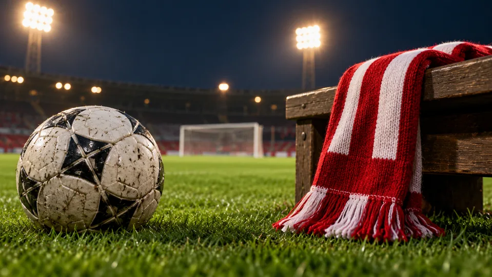 A football and red-and-white scarf beside a bench in a floodlit stadium
