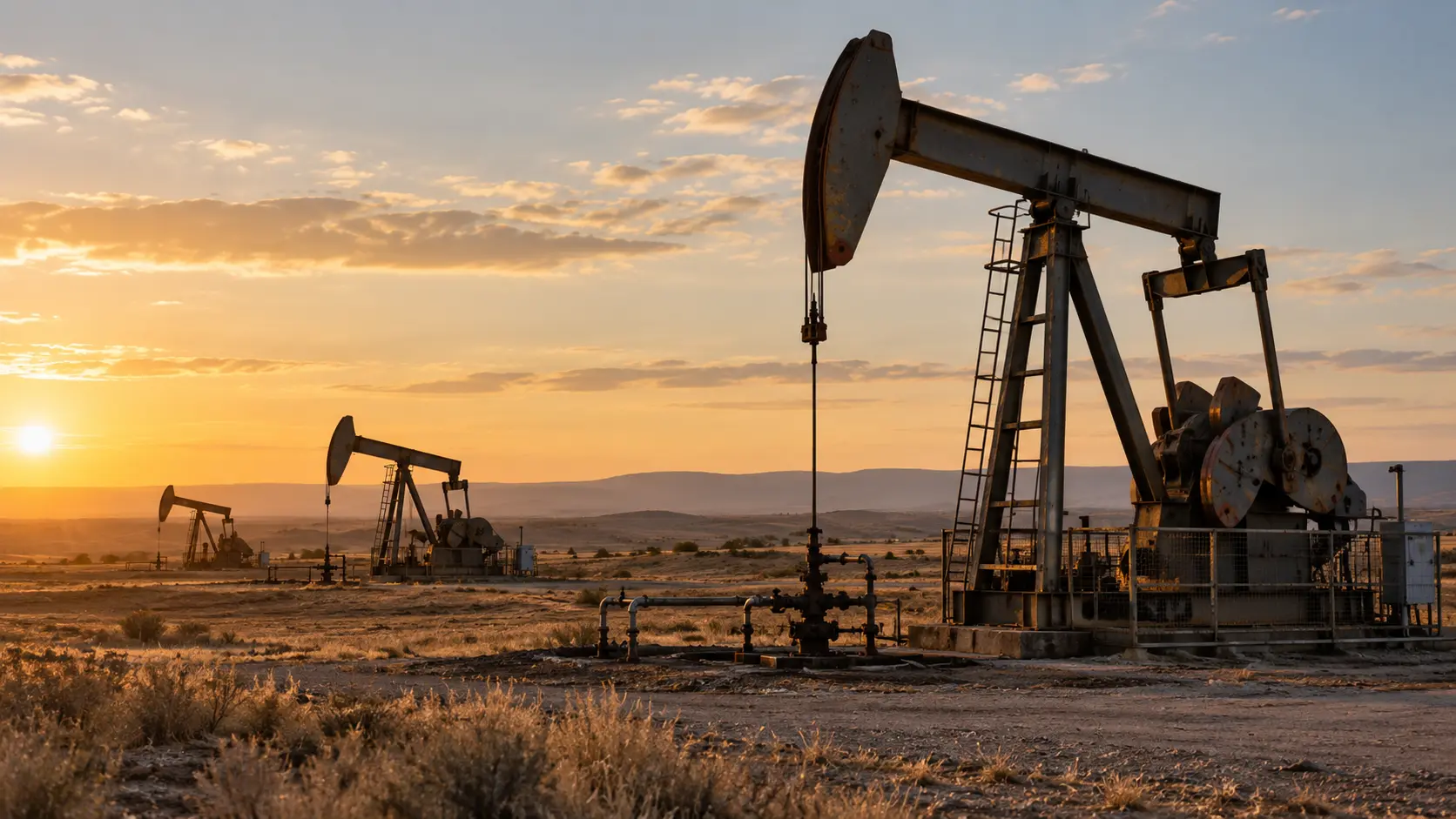 Oil pumpjacks in a dry landscape in afternoon light