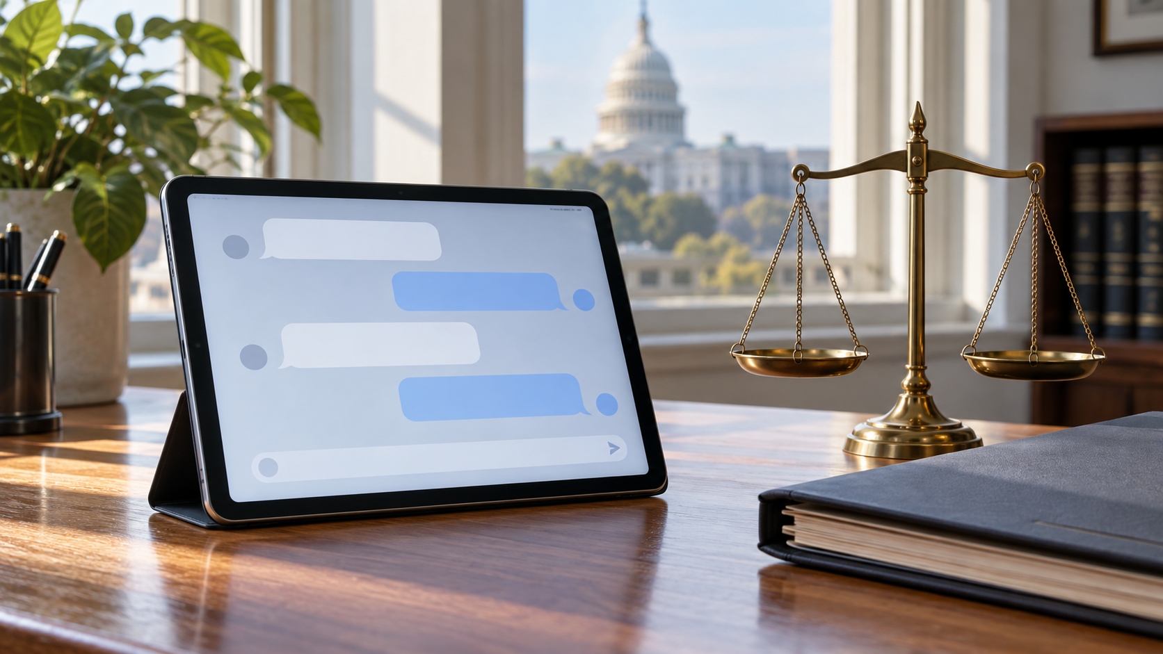 Tablet displaying empty chat bubbles beside a balance scale and legal folder