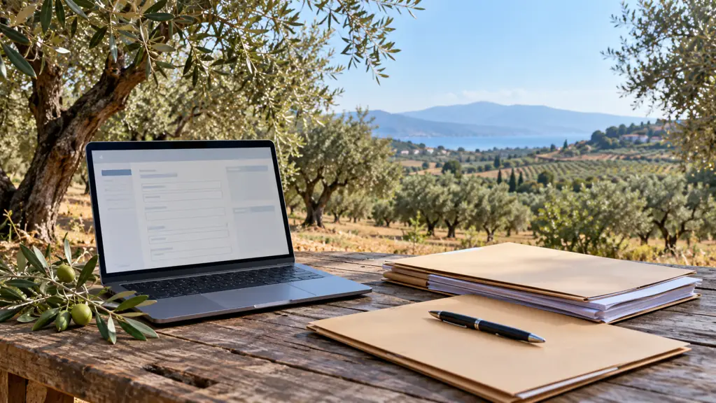 Laptop and folders on a table beside an olive grove