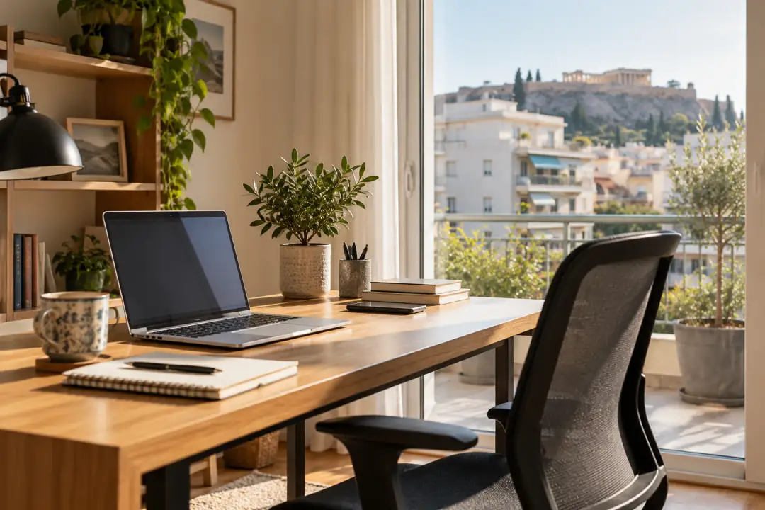 Laptop, notebook and plant on a home desk beside a bright window
