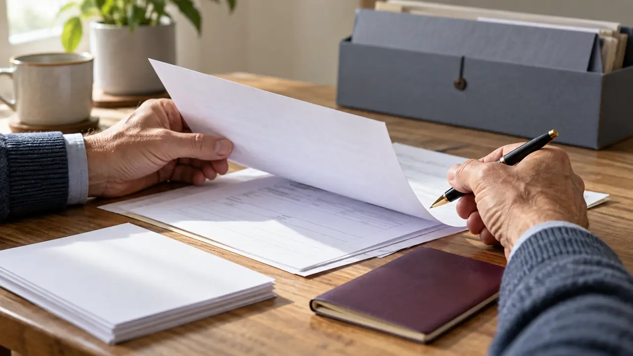 Hands reviewing paperwork at a desk beside a pen and a closed passport