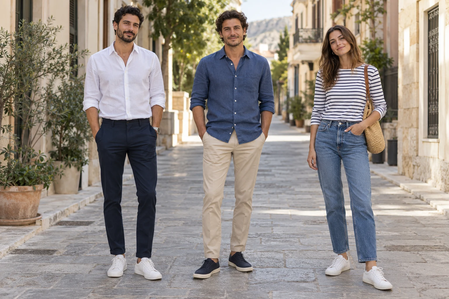 Three adults wearing a white shirt and navy trousers, a blue shirt with chinos, and a striped top with jeans
