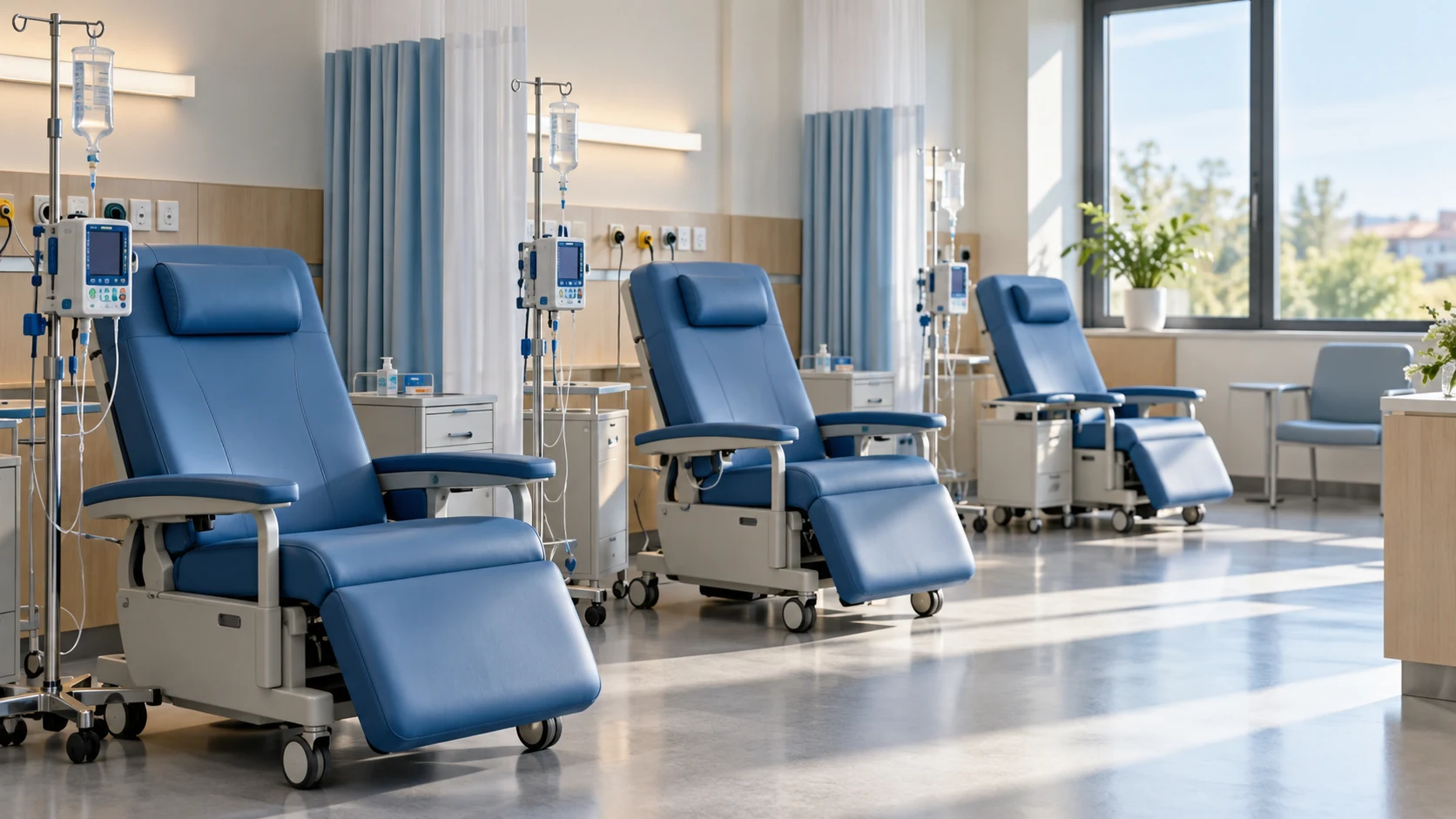 Empty day-treatment chairs in a hospital room