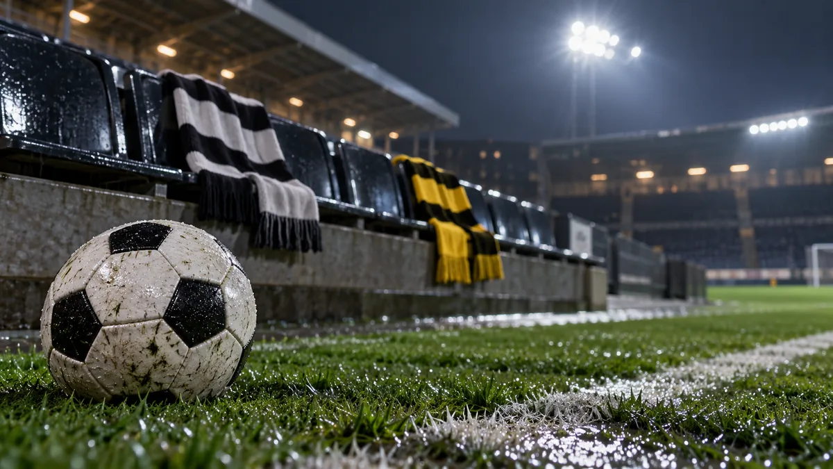 Football on a pitch with black-and-white and yellow-and-black scarves on stadium seats