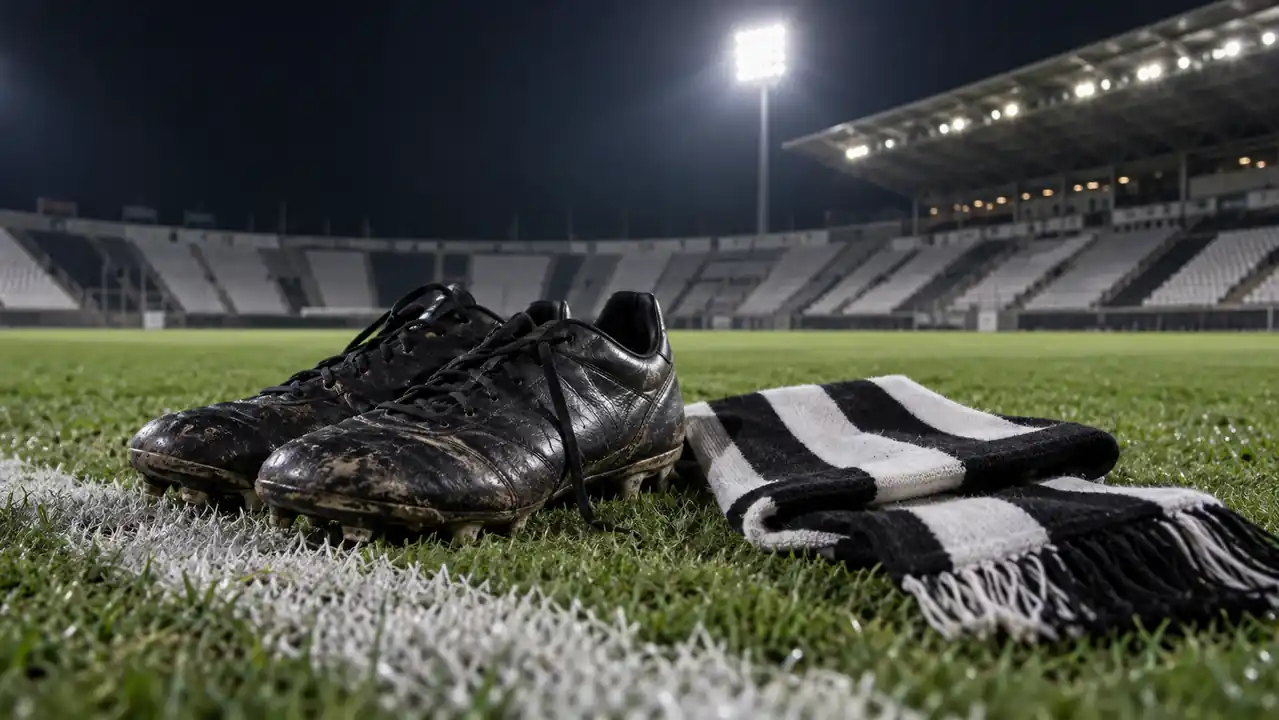 Black football boots and a black-and-white scarf beside the touchline of an empty stadium