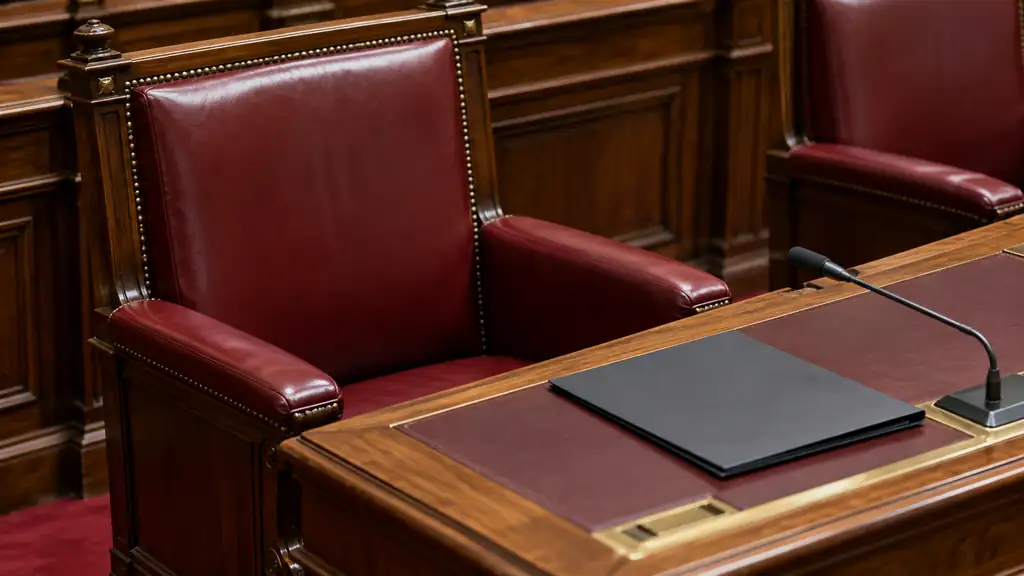 Empty red parliamentary-style seat beside a wooden desk with a closed folder and microphone