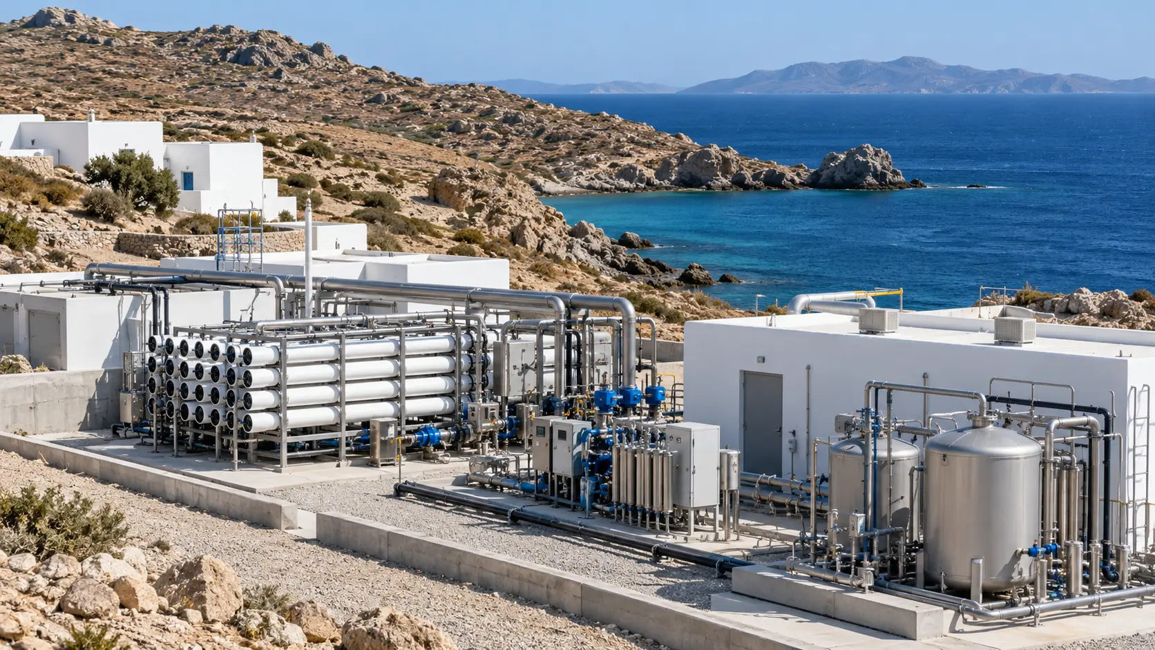 Desalination installation in a dry Aegean island landscape