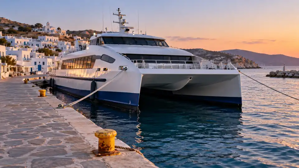An anonymous passenger catamaran safely moored at an Aegean island harbour