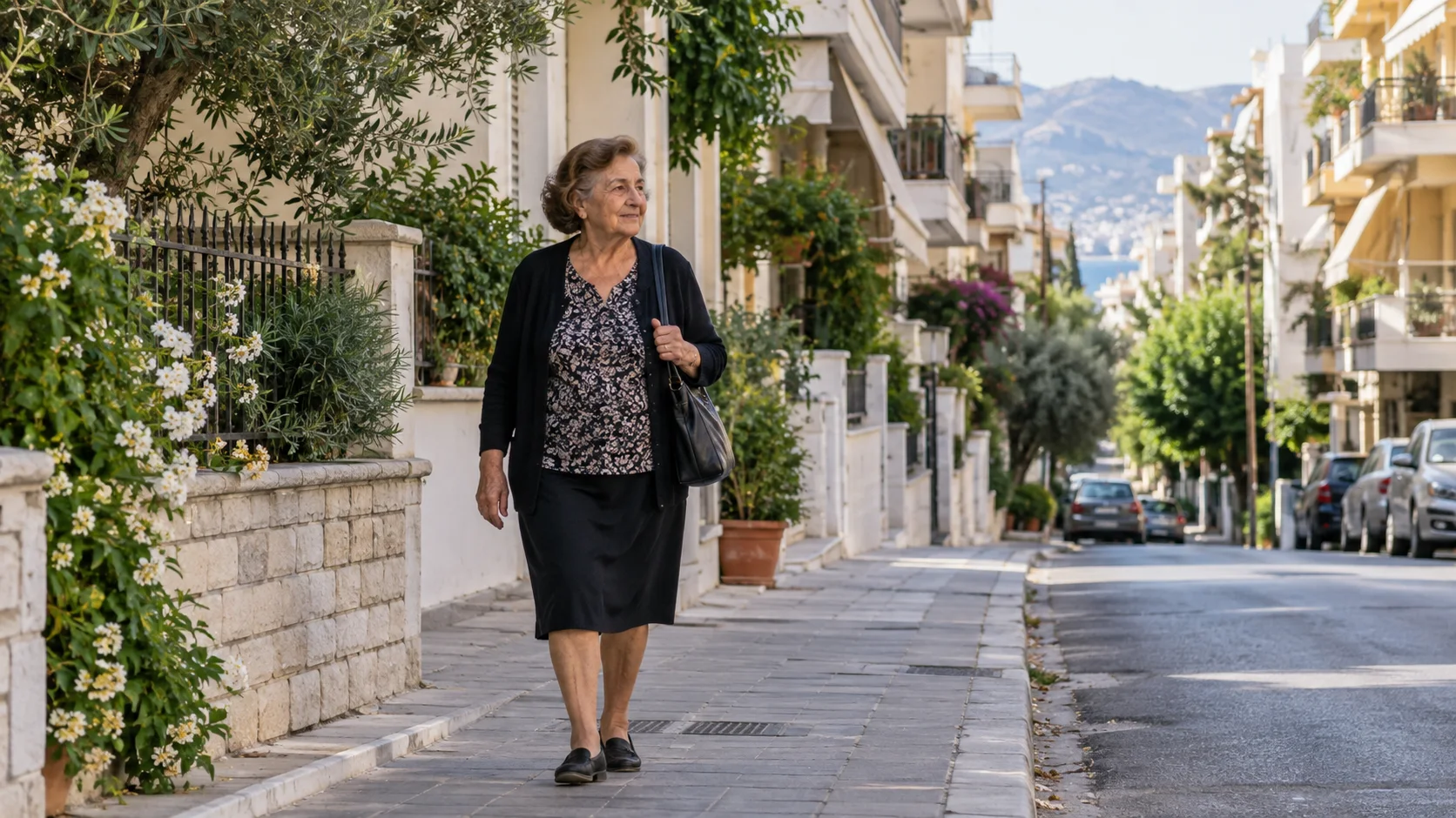Ηλικιωμένη γυναίκα περπατά σε ελληνική γειτονιά