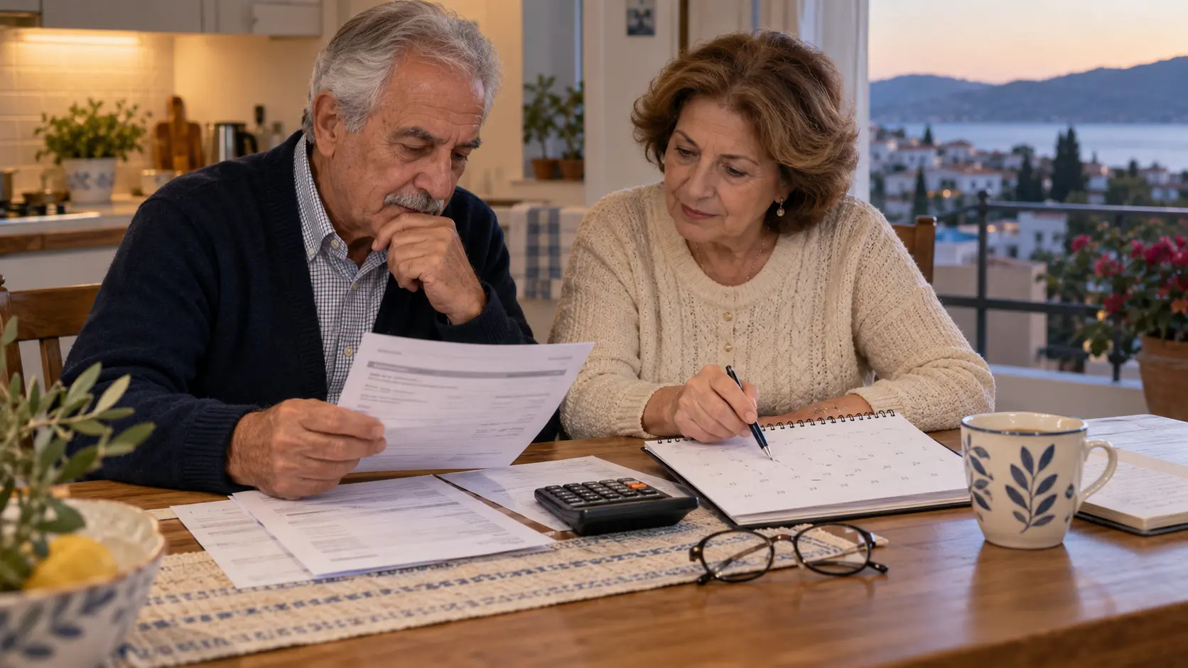Older couple organising dates and household finances at their kitchen table