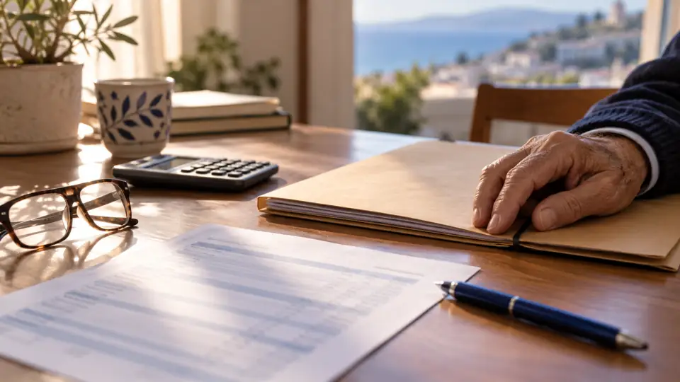 Reading glasses, calculator and a document folder on a pensioner’s desk