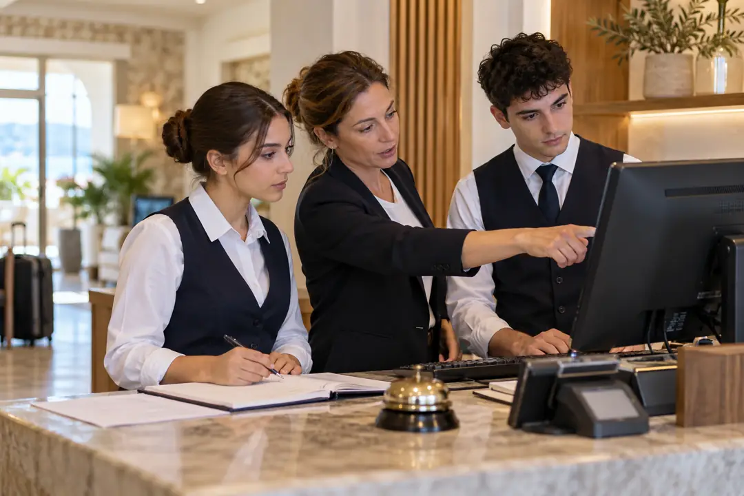 Adult hospitality trainees practising hotel reception work with a trainer