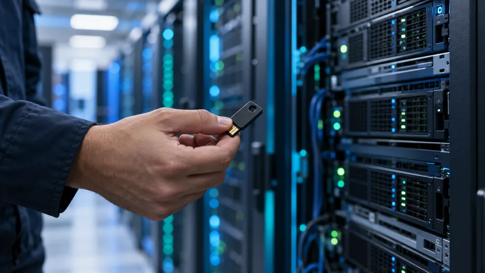 Server racks and a security key in an IT infrastructure room