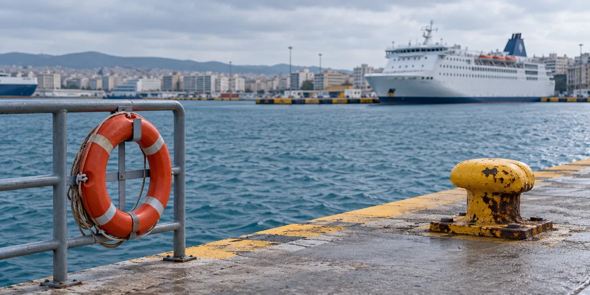A life ring and mooring bollard on a passenger harbour quay
