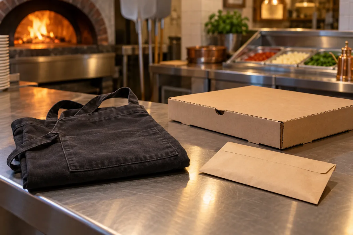 Kitchen apron, plain pizza delivery box and payroll envelope on an unbranded counter