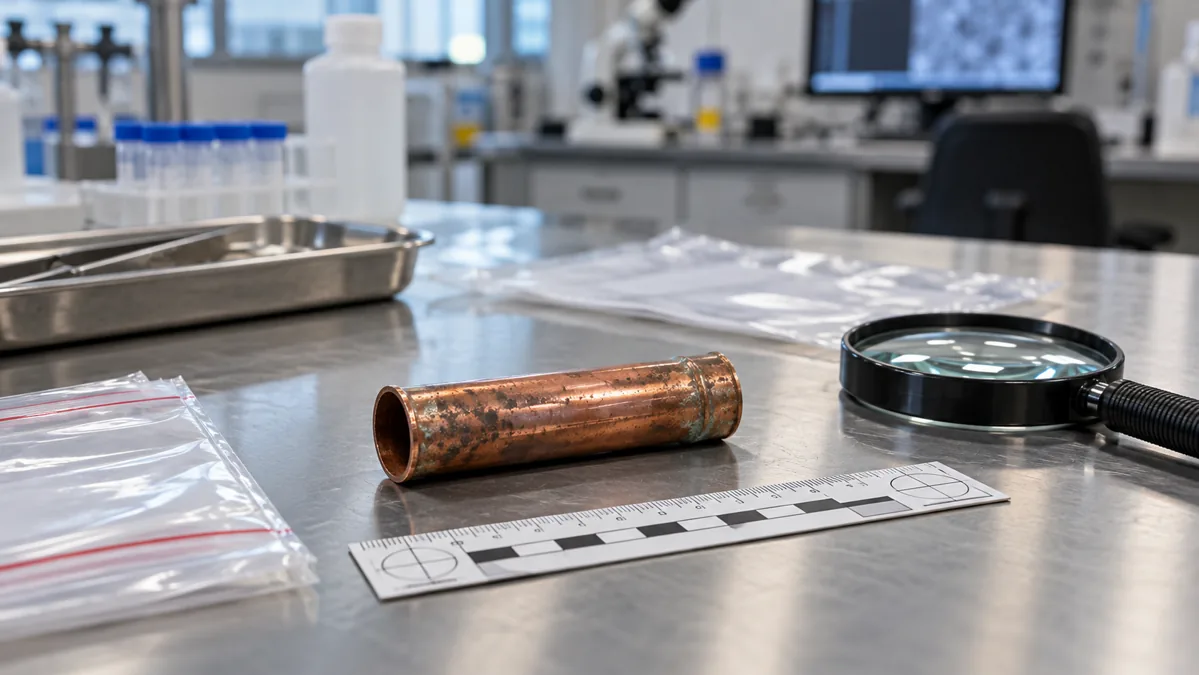 Forensic examination bench with a copper pipe