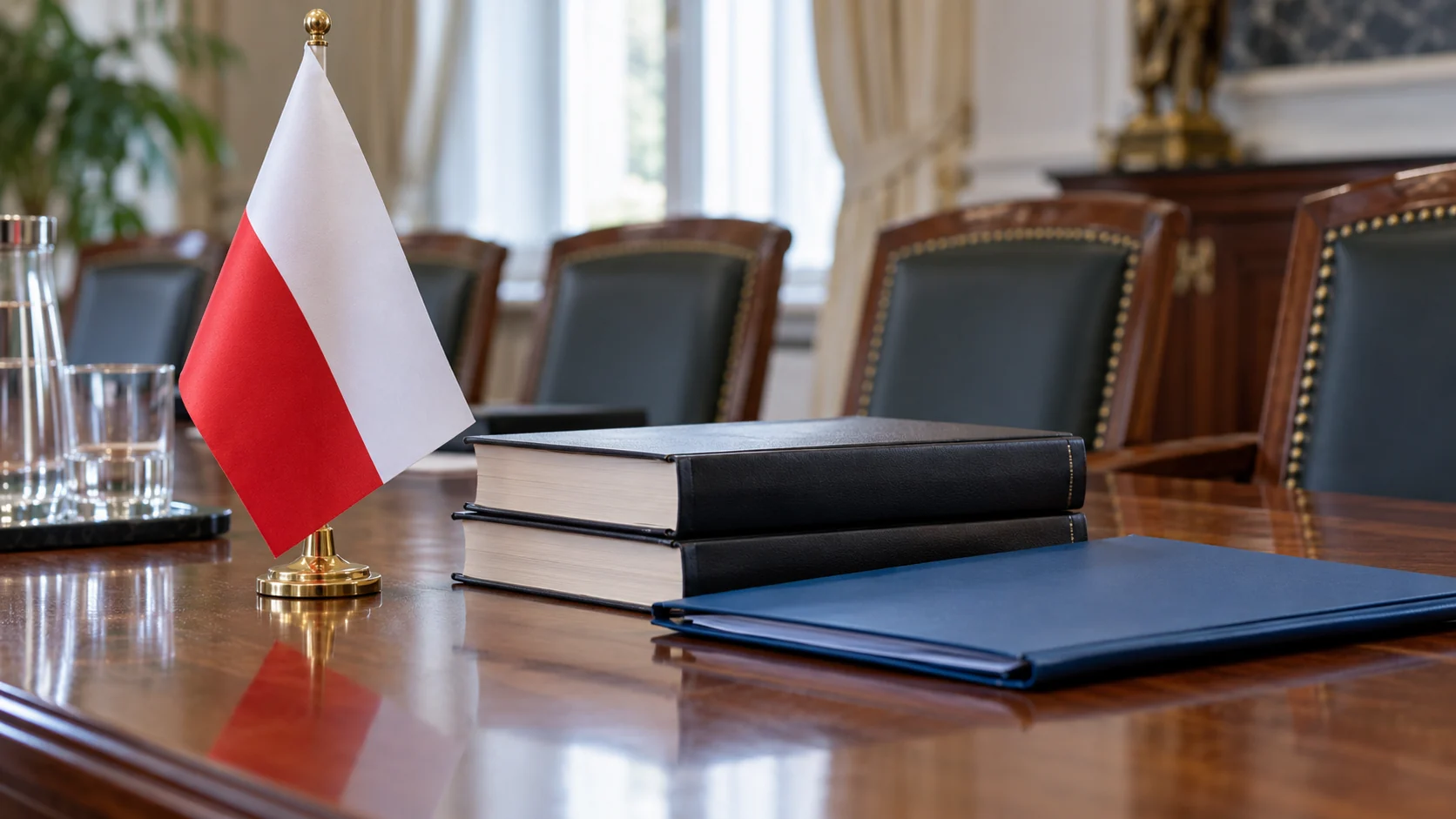 Polish flag and legal books on a conference table