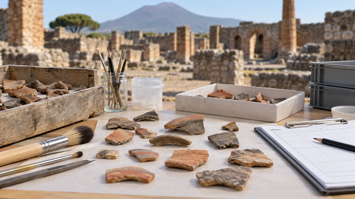 Conservation tools and pottery sherds on a research desk