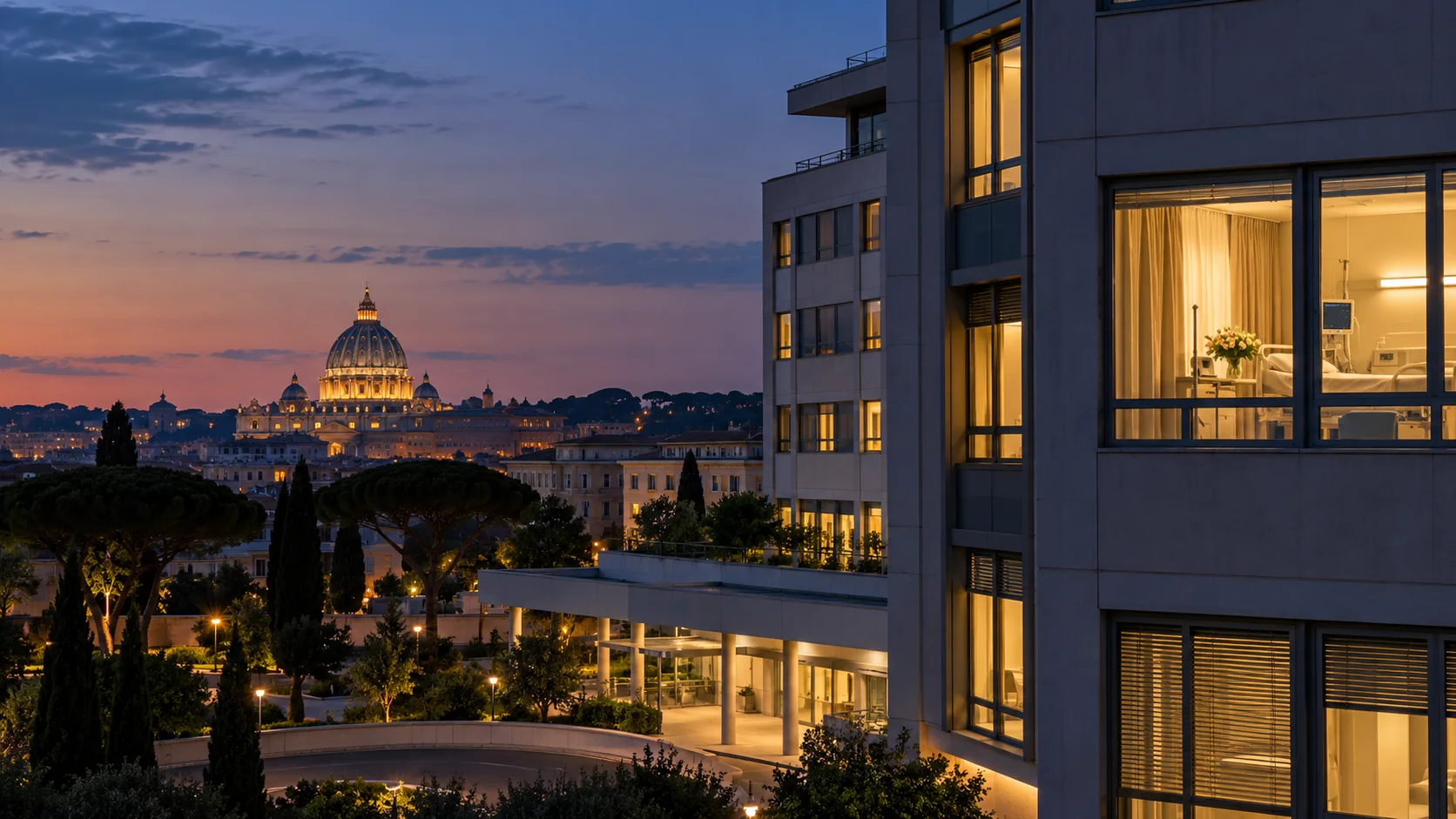 Rome hospital at night with the dome of St Peter's Basilica in the distance