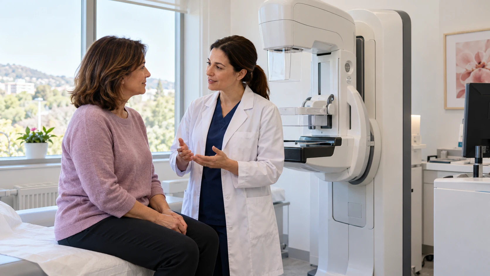 Woman speaking with a healthcare professional in a mammography room