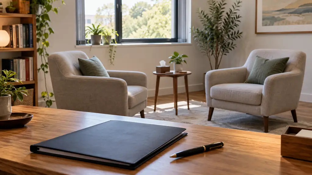 Closed folder and pen on a desk beside two empty counselling armchairs