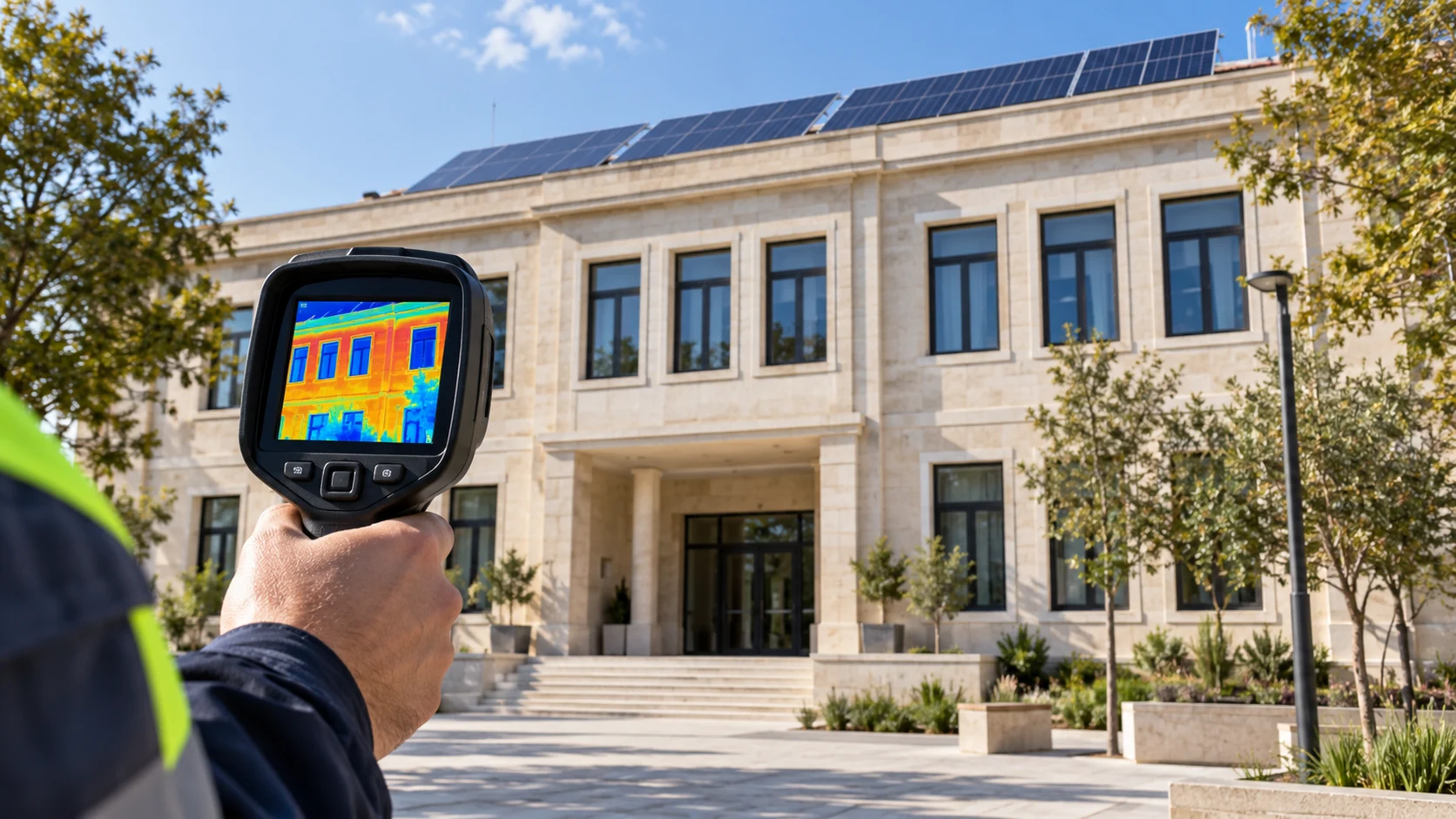 Energy inspection of a public building with a thermal camera and rooftop solar panels