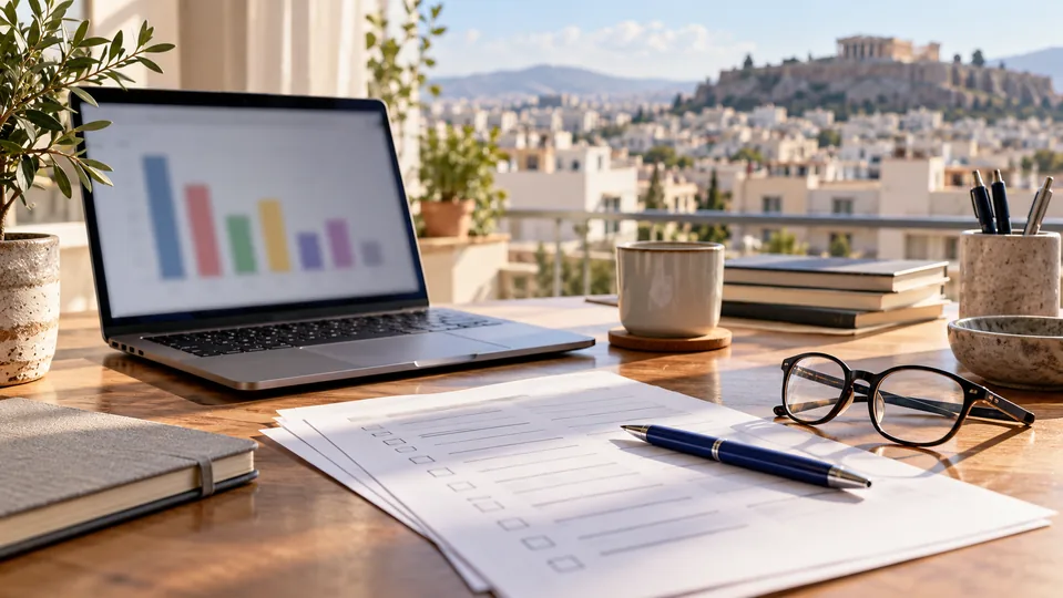 Survey questionnaires and a laptop on a desk overlooking Athens