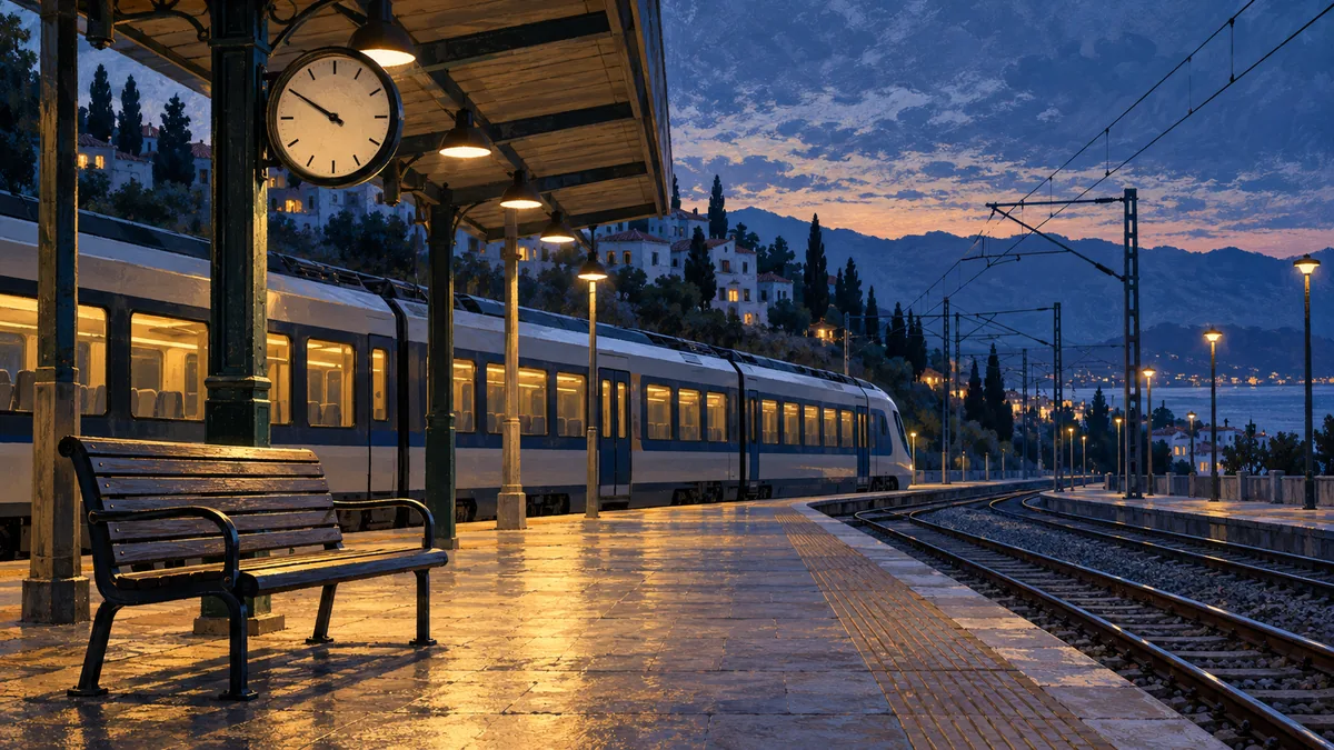 Painted illustration of an empty railway platform and a stationary passenger train