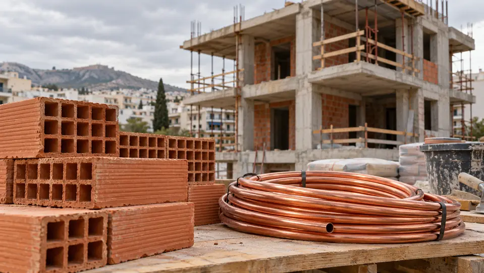 Stacked bricks and copper pipe with an unfinished residential building behind