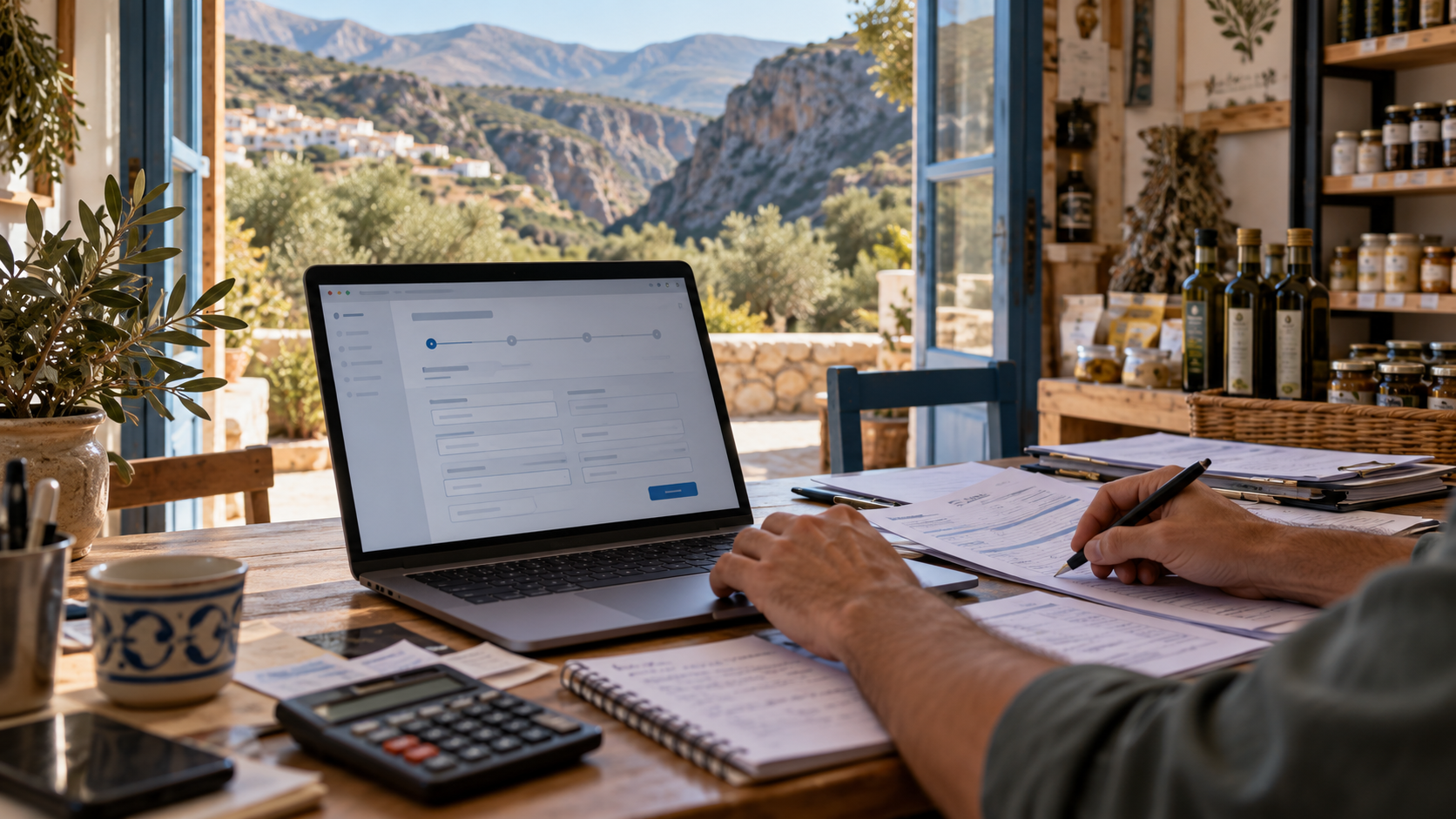 Business owner completing an online application in a small Cretan shop office