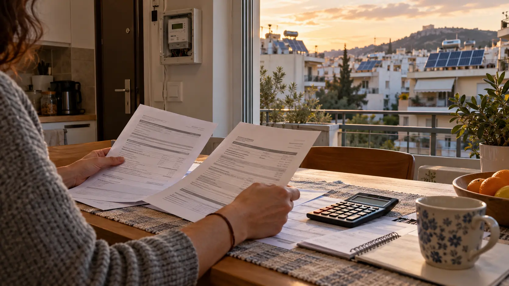 Resident comparing electricity contracts in a Greek home with solar panels in the neighbourhood