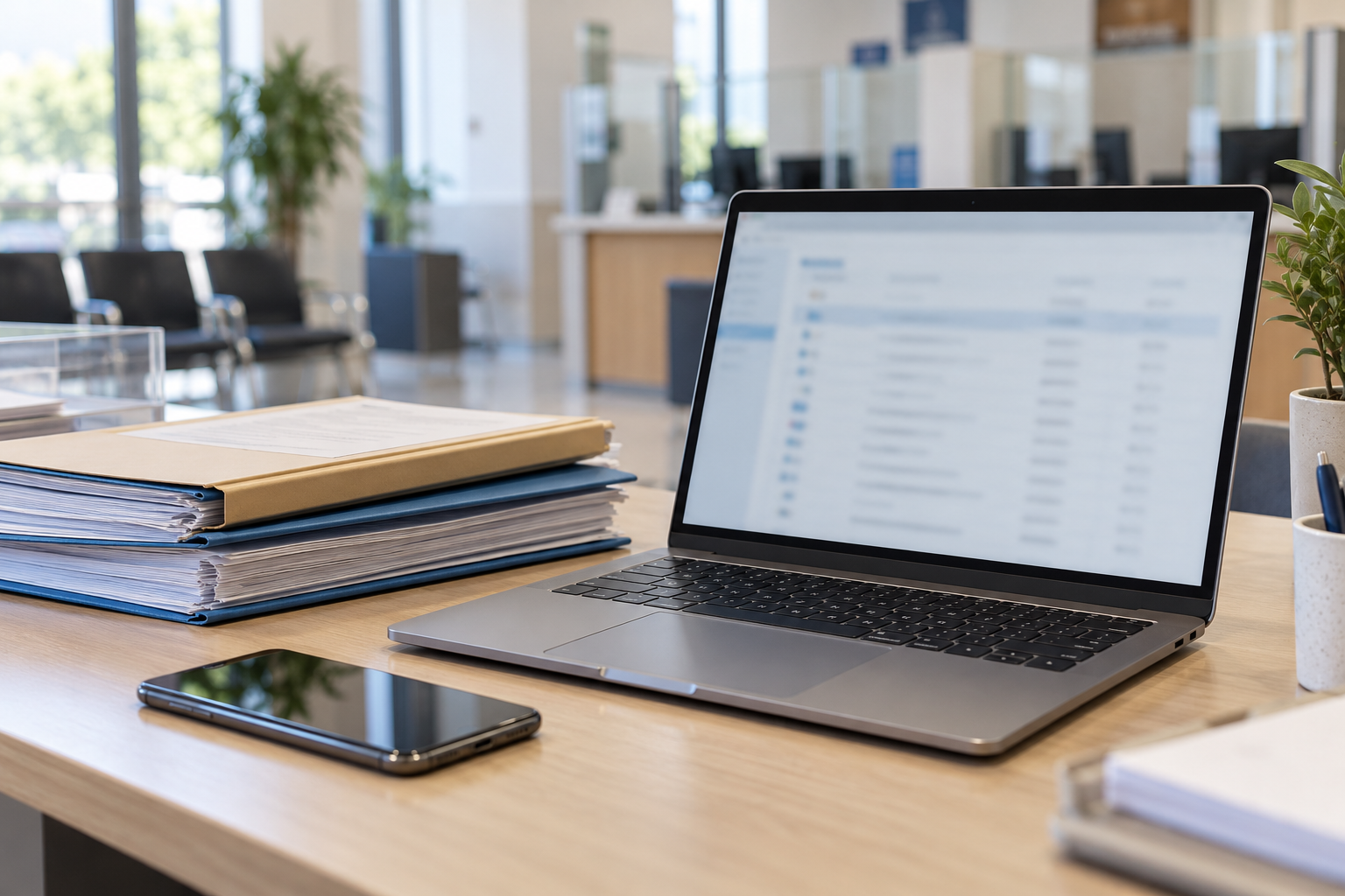 Laptop displaying a blurred digital list, document folders and a phone on a public-service desk
