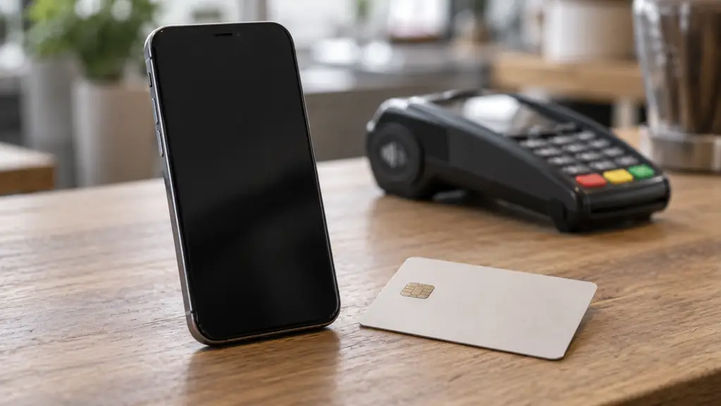 Phone with a dark screen and a bank card without personal details beside a payment terminal