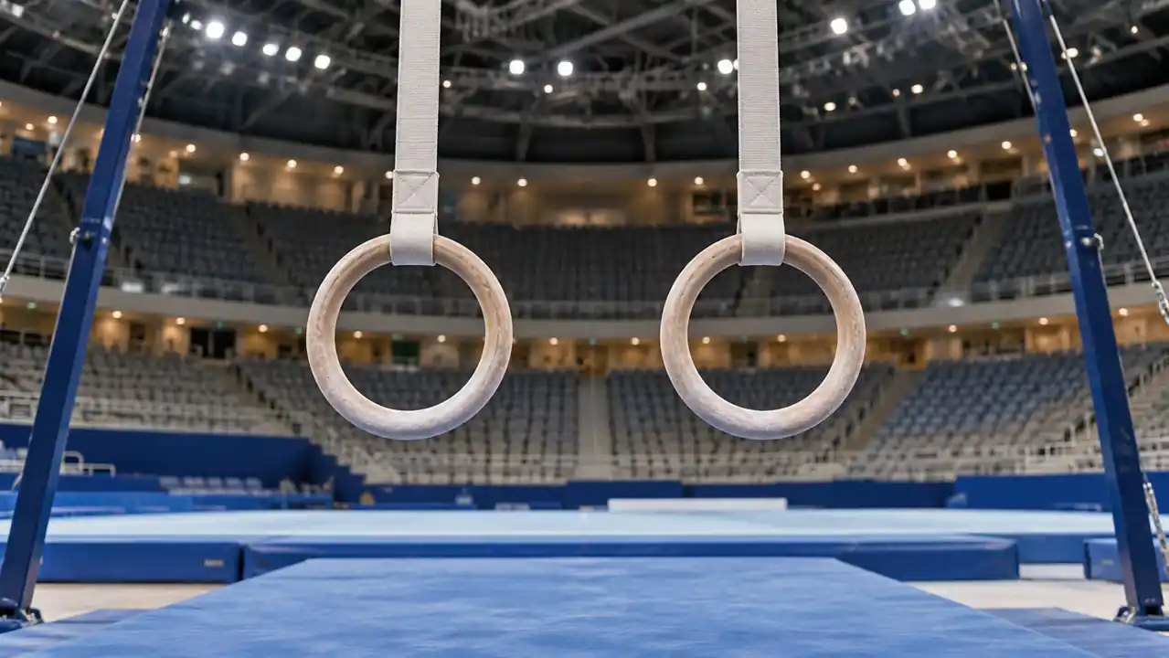 Wooden artistic gymnastics rings above a blue landing mat in an indoor arena