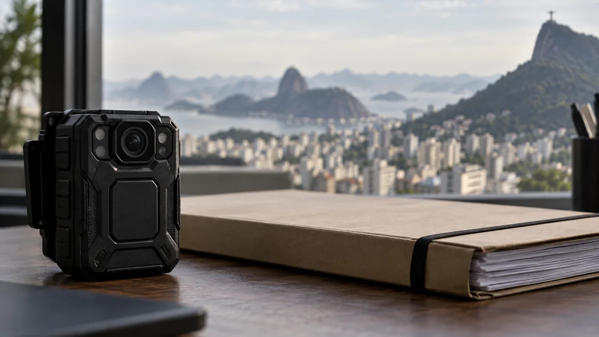 Body-worn camera and investigation folder overlooking Rio de Janeiro